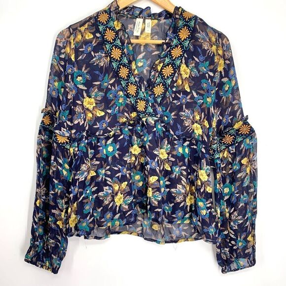 MEADOW RUE anthropologie sheer top long sleeve blue sz xs - Picture 3 of 9